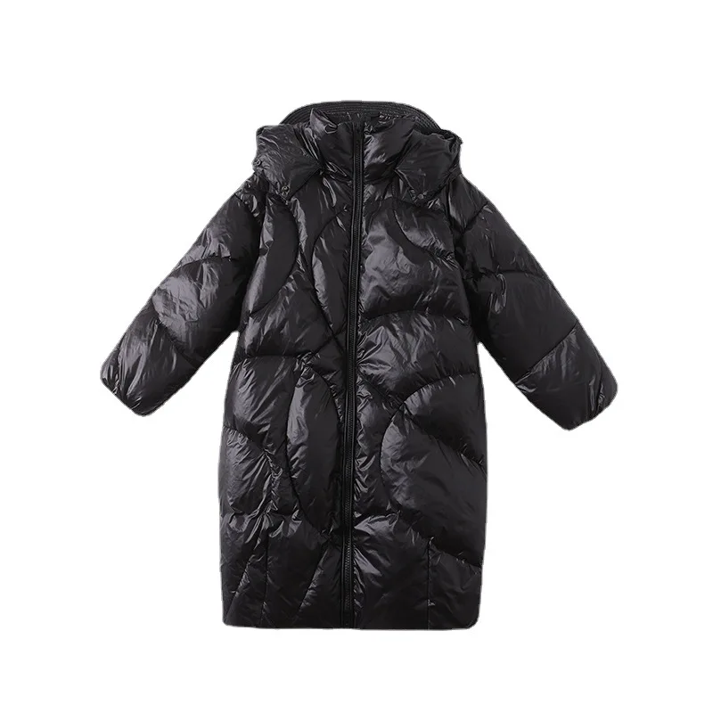 White Duck Down Loose Hooded Women Top Medium Length Down Jacket Autumn and Winter Black Glossy Surface Thickened