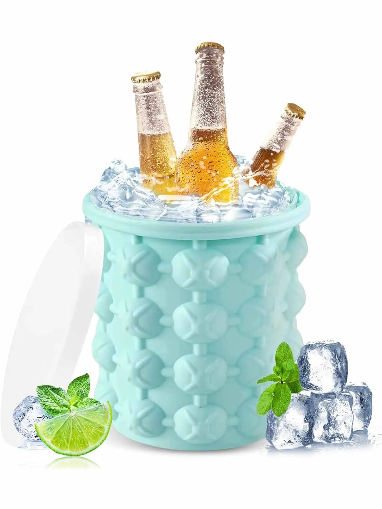 2 in 1 silicone ice bucket, round refrigerated ice bucket mold with lid, chilled beverages, beer champagne bucket