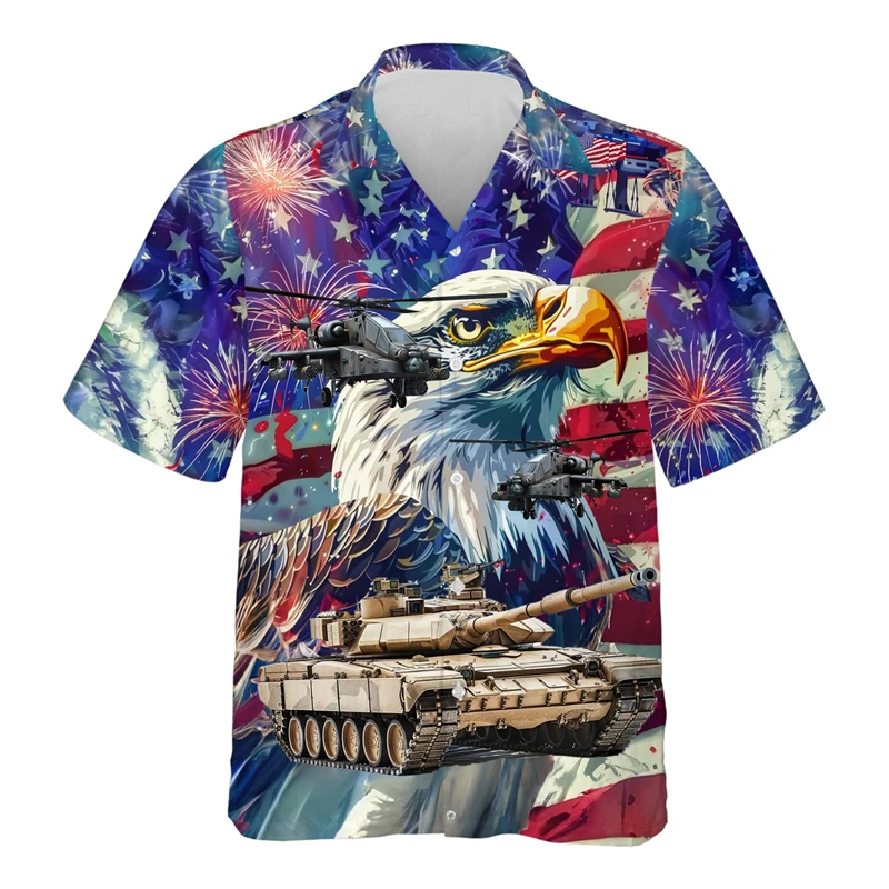 

Fashion USA Flag Eagle Graphic Male Blouses American Independence Day Tank 3D Printed Shirt For Men Clothes Patriotic Button Top