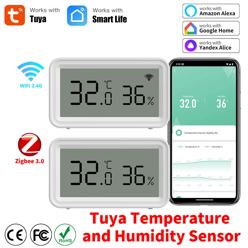 Tuya Zigbee/WiFi 습도 온도 센서 스마트 습도계 온도계 홈 모니터링 APP 음성 제어 Alexa와 함께 작동