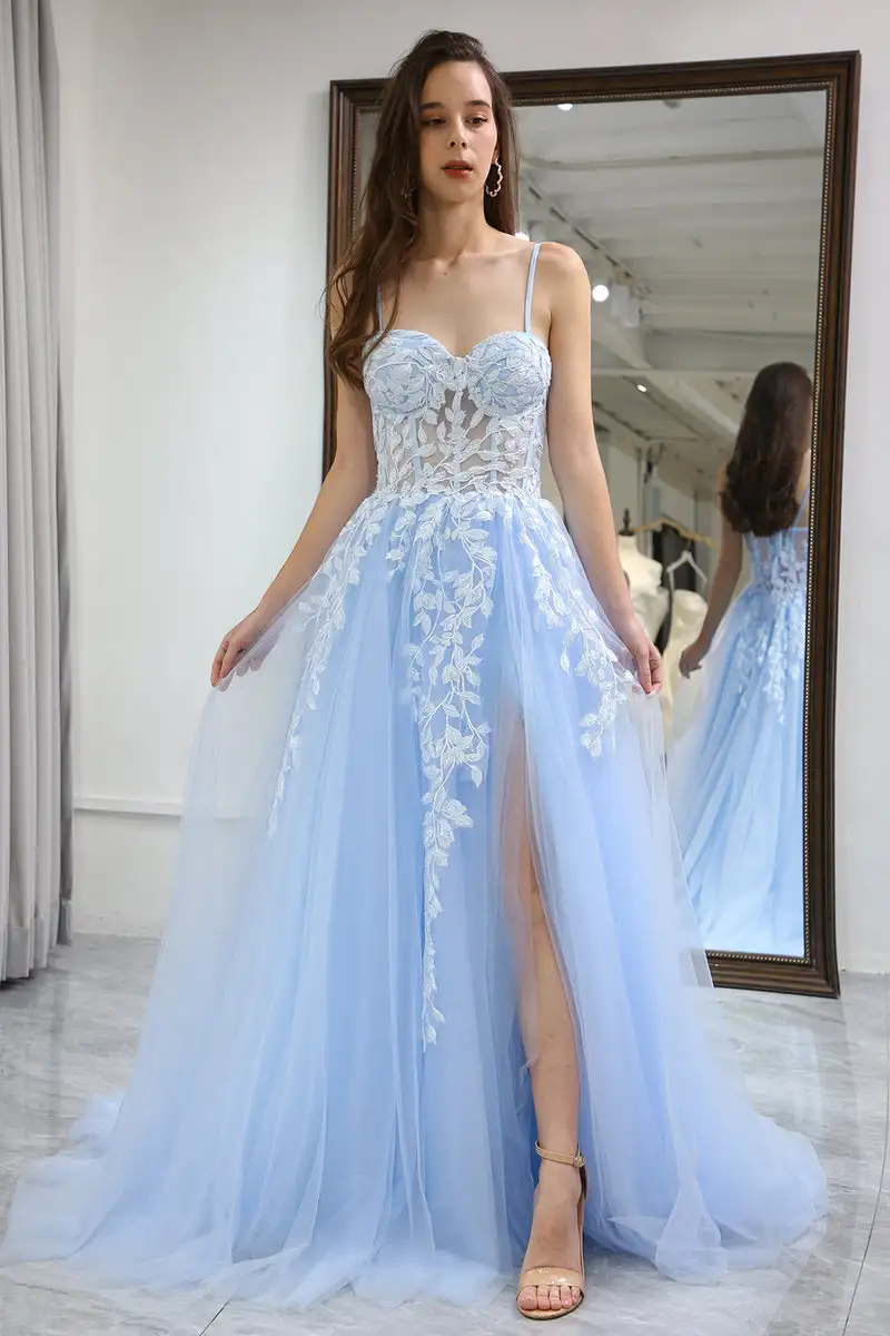 

Sky Blue A-Line Spaghetti Straps Long Corset Prom Dress With Appliques Tulle Puffy Formal Evening Gowns Sweetheart Party Dresses