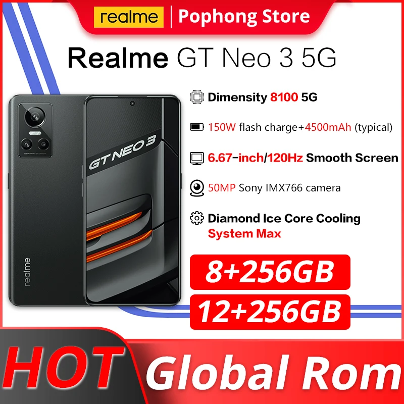 

Global Rom Realme GT Neo3 12GB 256GB 5G Smartphone 80/150W Charge Dimensity 8100 120HZ AMOLED Screen 4500mAh
