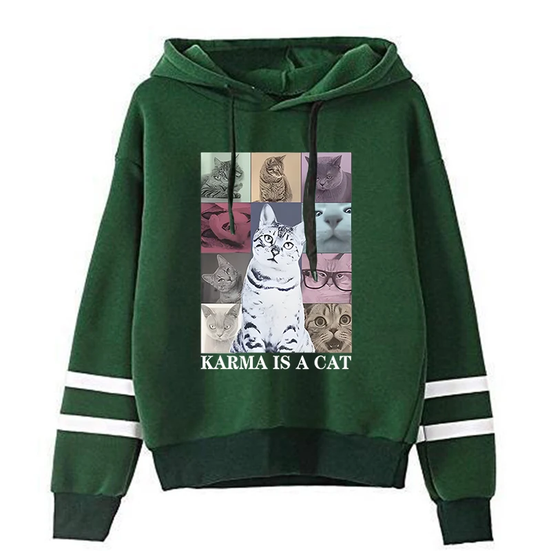 Karma Is A Cat 그래픽 후드티 남녀공용, 빈티지 클래식 스트리트 스타일 스웻셔츠, 재미 있고 귀여운 고양이 애호가 패션 캐주얼 후드티