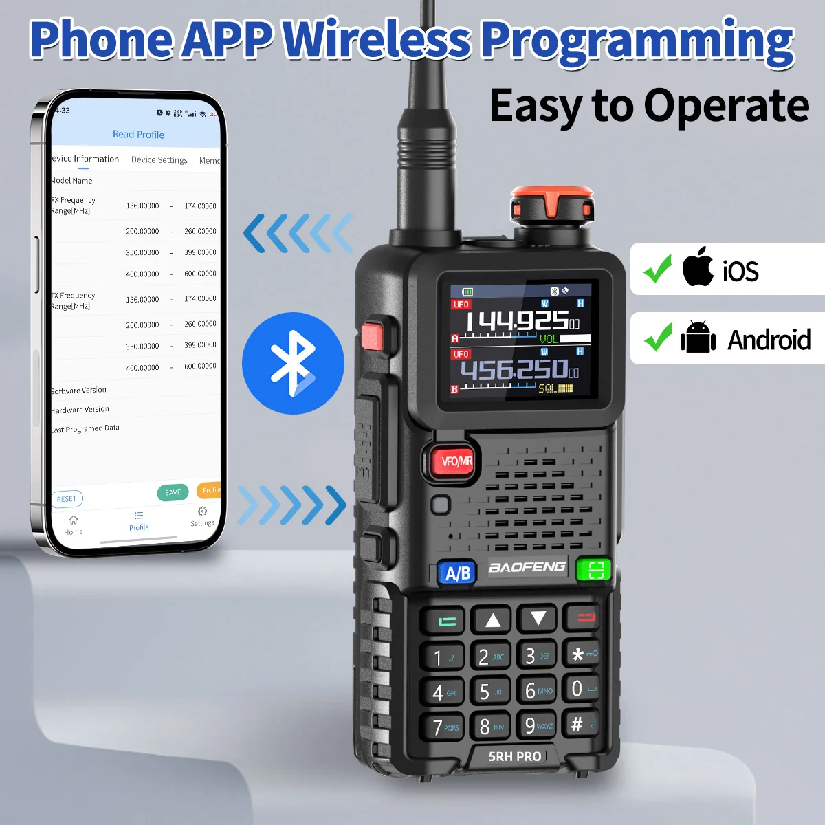 BAOFENG UV-5RH PRO GPS Walkie Talkie Bluetooth Wireless APP Programming 10W Multi Band Long Range Type-C AM Ham Two Way Radio 3