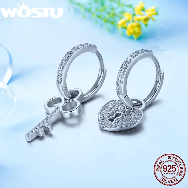 현란한 λάμψη를 선사하는 Wostu 100% 925 스털링 실버 키 잠금 드롭 귀걸이 현란한 λάμψη를 선사하는 Wostu 100% 925 스털링 실버 키 잠금 드롭 귀걸이
