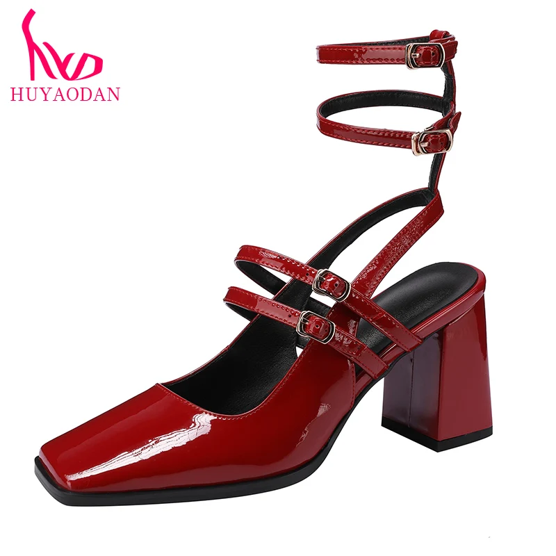 

HUYAODAN Women's Pumps New 2023 Fashion genuine Patent Leather Chunky High Heels Square Toe Black Red Mary Janes Dress Party 39