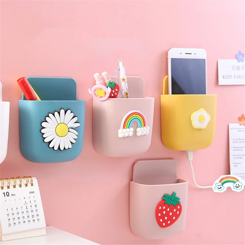 Cute Desk Organizer Rack Pen Holder Self-adhesive Wall-mounted Storage Box Kawaii Stationery Sundries Organizer School Supplies pen holder desk organizer pen and brush holder desk storage rack