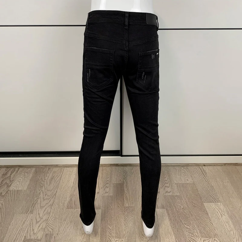 Street Fashion Men Jeans Black Stretch Skinny Fit Ripped Jeans Men Punk Trousers Leather Patched Designer Hip Hop Brand Pants