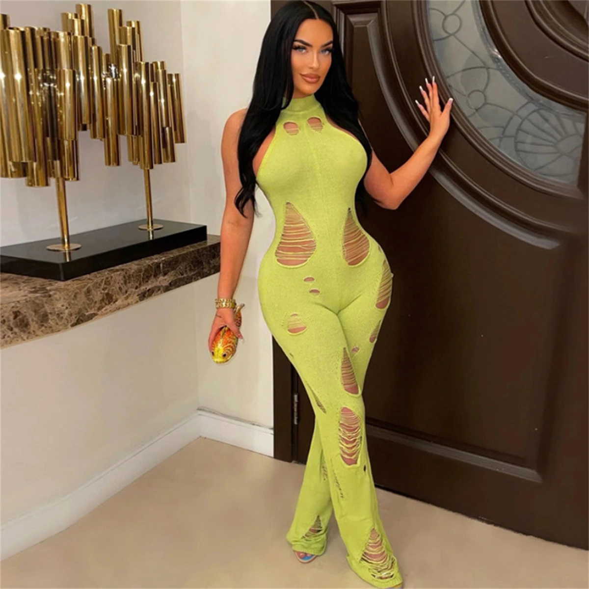 

Solid Sexy Knitted Hole Jumpsuit Women Summer Fashion Sleeveless Slim Elegance Pants Casual Long Rompers Y2K Streetwear Overalls