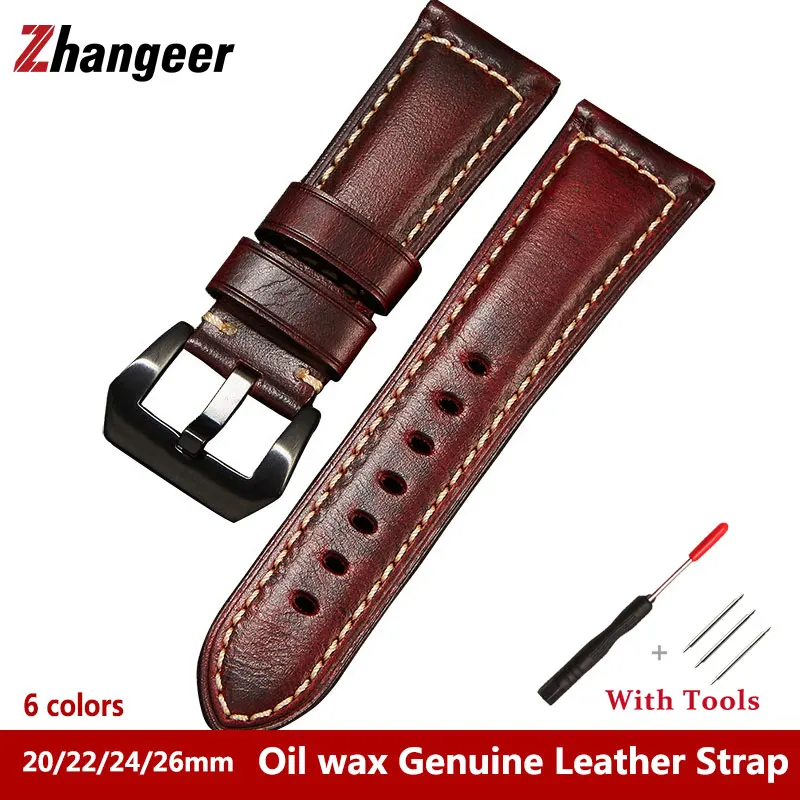 

20mm 22mm 24mm 26mm Vintage Oil Wax Genuine Leather Men'S Strap Pin Buckle High Quality Cowhide Watchband Watch Accessories Belt
