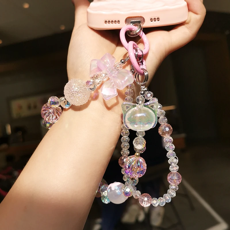 Curto Cristal Contas Penduradas Cadeia para Menina Cordão do Telefone Móvel Estilo Clip Anti-perda Telefone Case Corrente Dupla - Image 2