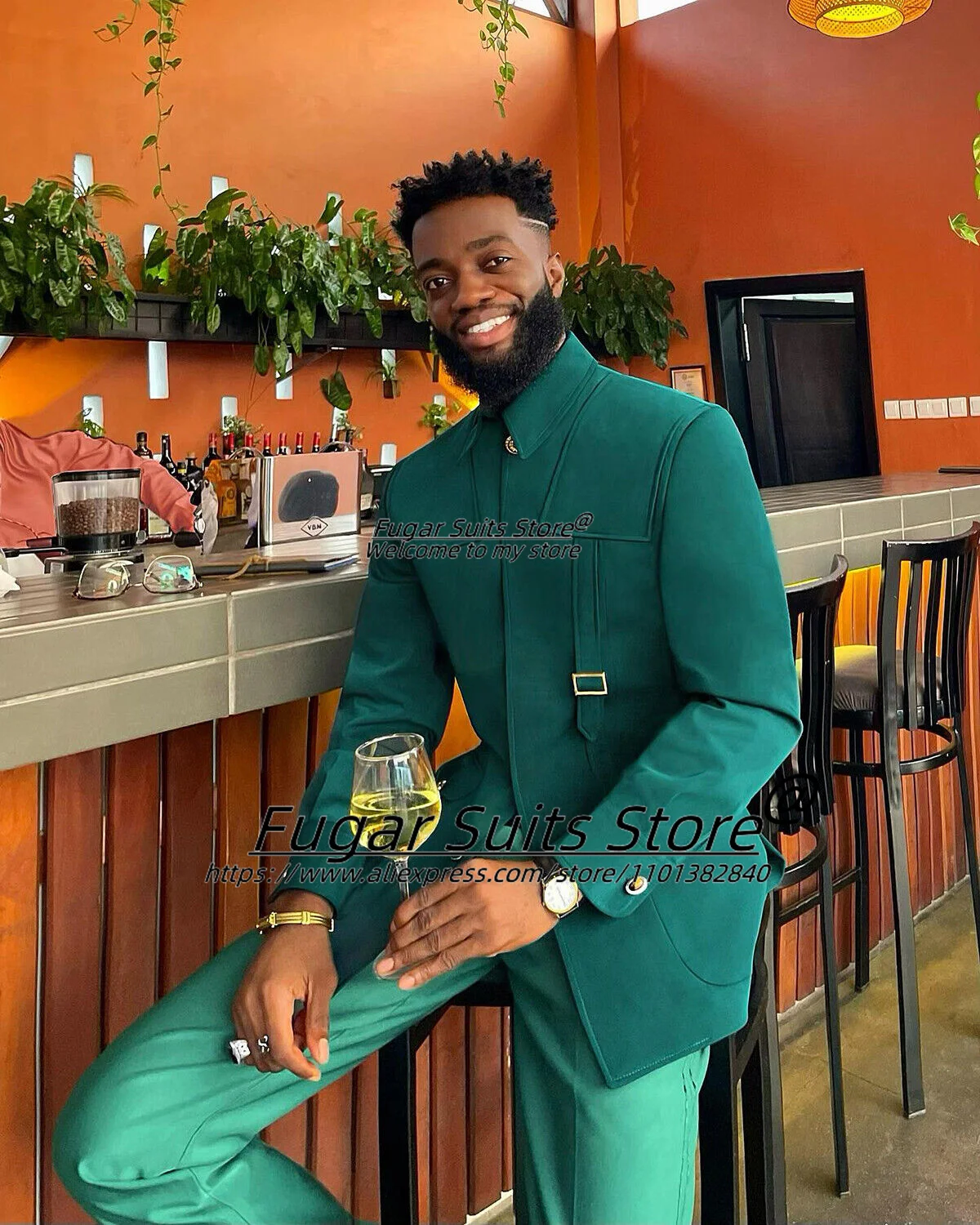 Formal Stand Collar Green Wedding Suits For Men Slim Fit Groom Tuxedos Prom  2 Pieces Sets Business Male Blazer Trajes De Hombre