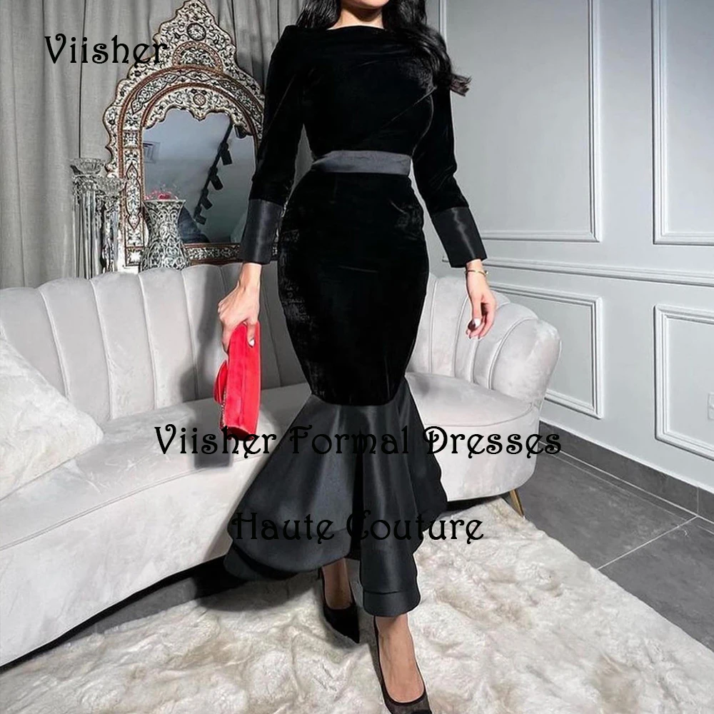 

Black Velvet Mermaid Evening Dresses Long Sleeve O Neck Prom Dress Ankle Length Arabian Dubai Formal Evening Gown
