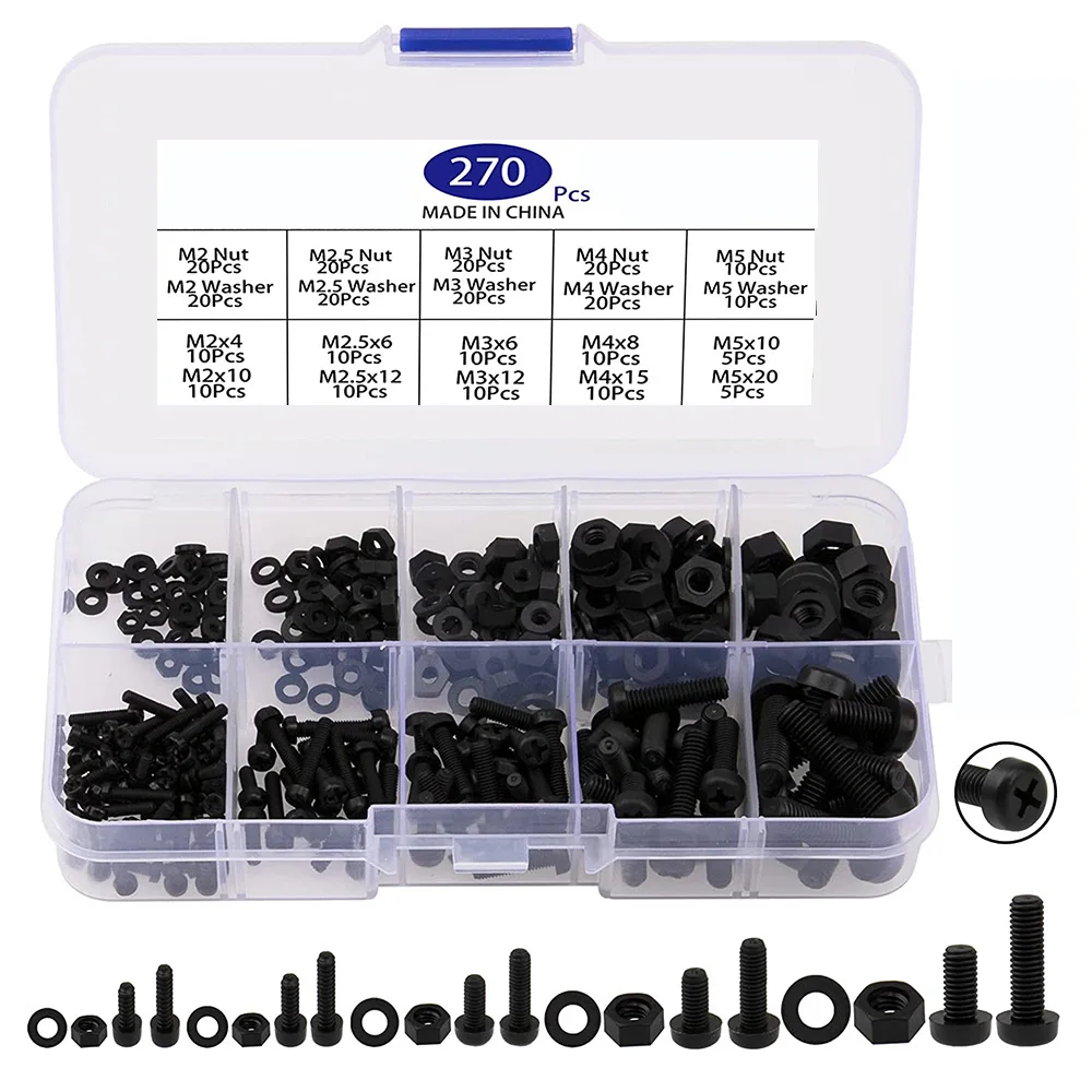 Screw Bolt Nut Set Screw Washer Nut Kit 270Pcs Metric M2 M2.5 M3 M4 M5 Nylon Phillips Pan Head Screws Nut Washer Assortment Kit