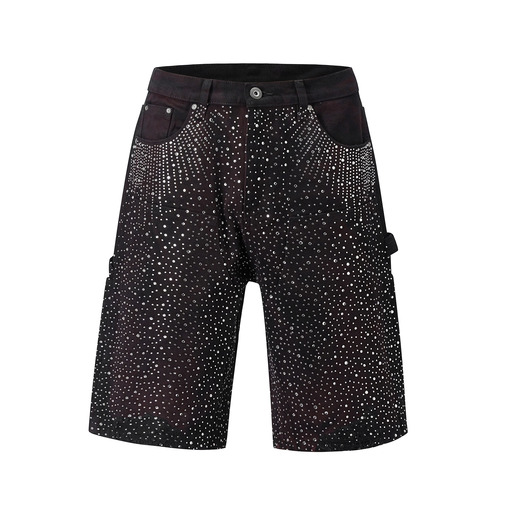 Streetwear Full Rhinestone Print Baggy Jeans Shorts for Men Ripped Hole Washed Short Casual Loose Denim Five Point Pants
