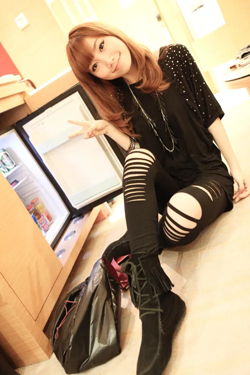 Sexy Leggings Ripped Leggins Women Low Waist Pants Hollow Out Leggings Stretch Dancing Club Street Pants image