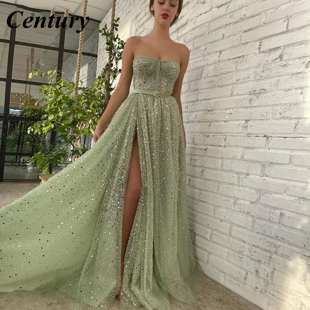 CenturySageGreenGlitterSequinLaceMaxiPromDressStraplessBeaded