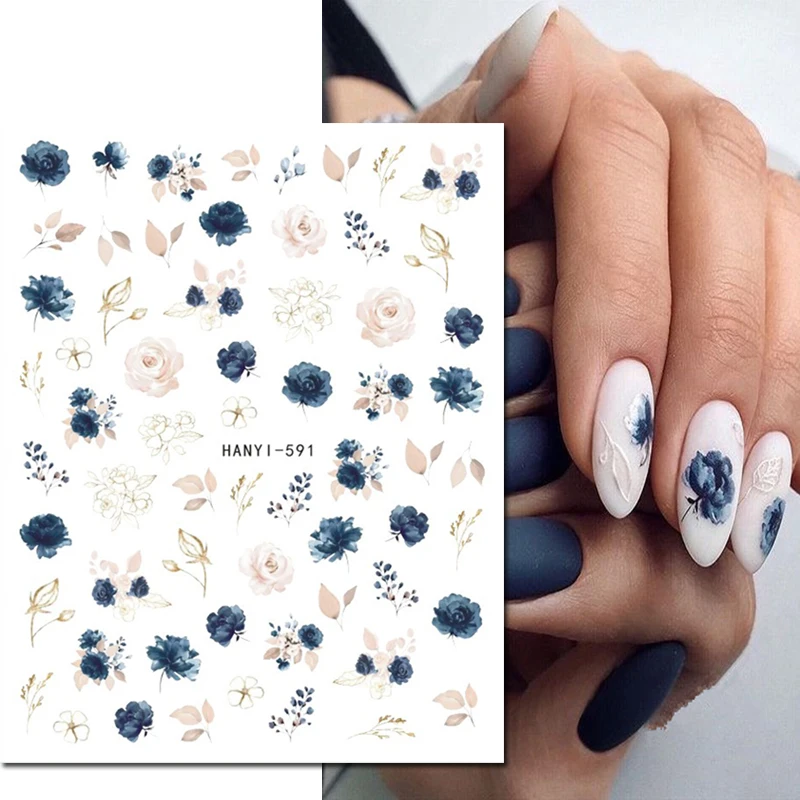 3d Nail Art Stickers Retro Color White Royalblue Blossom Flowers Buds Leaves Decals For Nails Decoration Manicure Salon Beauty 3