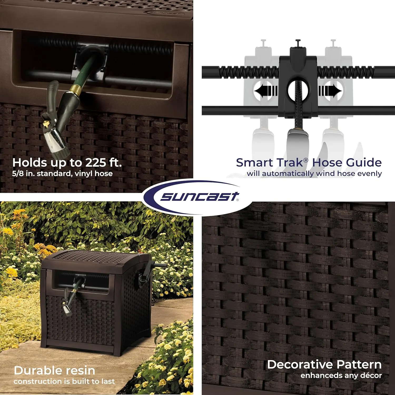 Hose Reel with Smart Trak Hose Guide, Water-Tight Connection, Durable Resin Construction, 225' Hose , Brown, Made in the USA