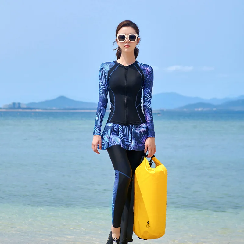 Women Long Sleeve Swimsuit Skirt 4-Piece Pants Rash Guards Sunscreen Sport Surfing Suit Snorkeling Diving Wetsuit