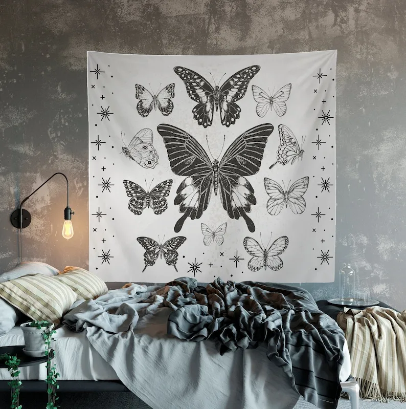 Butterfly Tapestry Wall Hanging Black and white Meditation Yoga Grunge Hippie