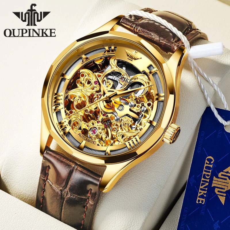 

OUPINKE Original Mens Mechanical Watches Gold Skeleton Hollow Self Winding Sapphire Crystal Waterproof Tungsten Steel Wristwatch