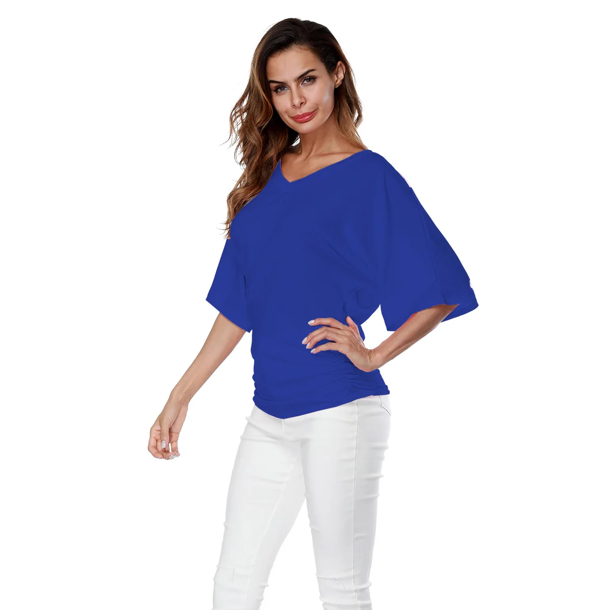 Women Summer V Neck Short Sleeve Pleated T Shirts