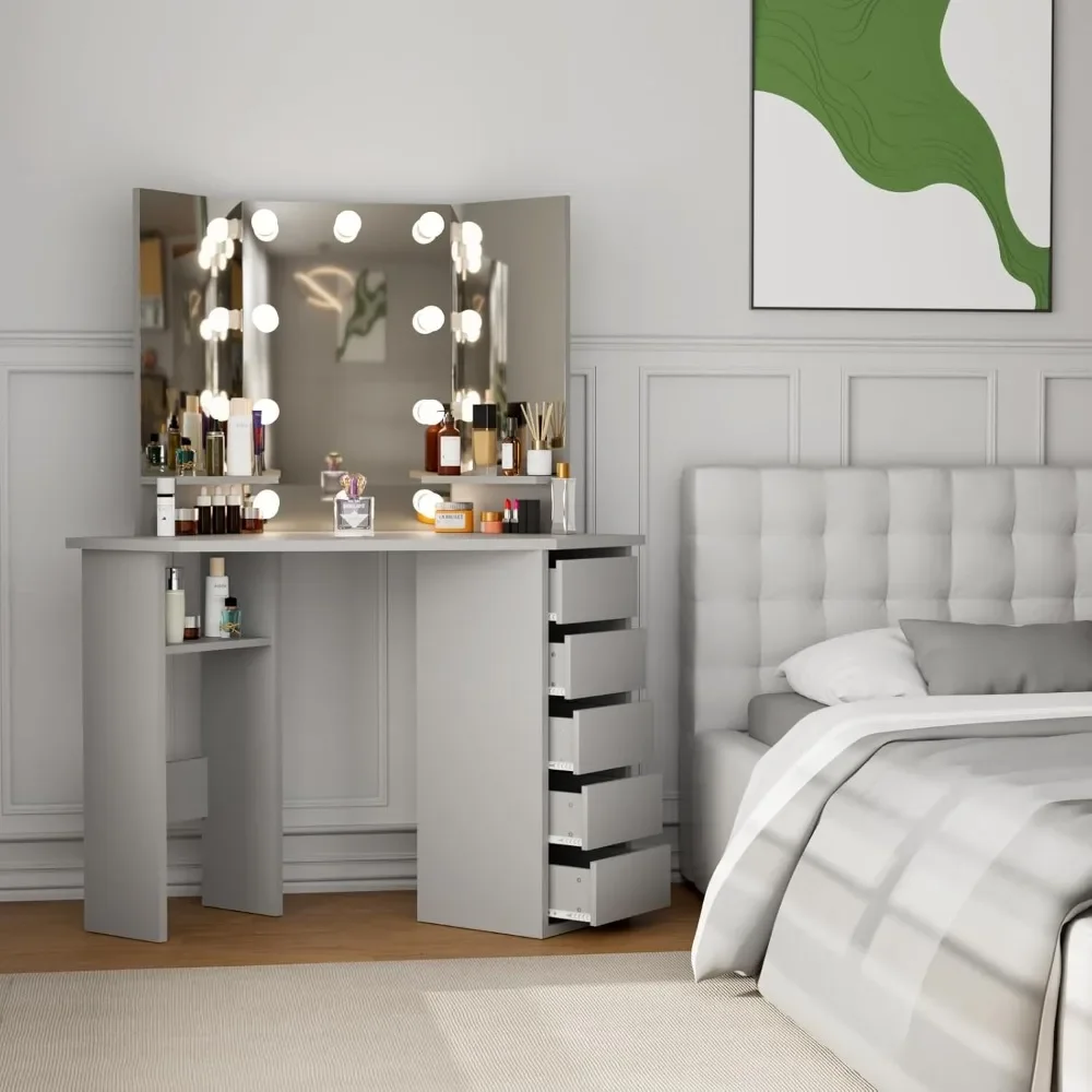 Corner Vanity Desk, Modern Vanity Desk with Drawers and Mirror, Grey Makeup Vanity with Lights, Small Table Makeup Desk 2