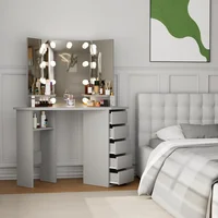 Corner Vanity Desk, Modern Vanity Desk with Drawers and Mirror, Grey Makeup Vanity with Lights, Small Table Makeup Desk 2
