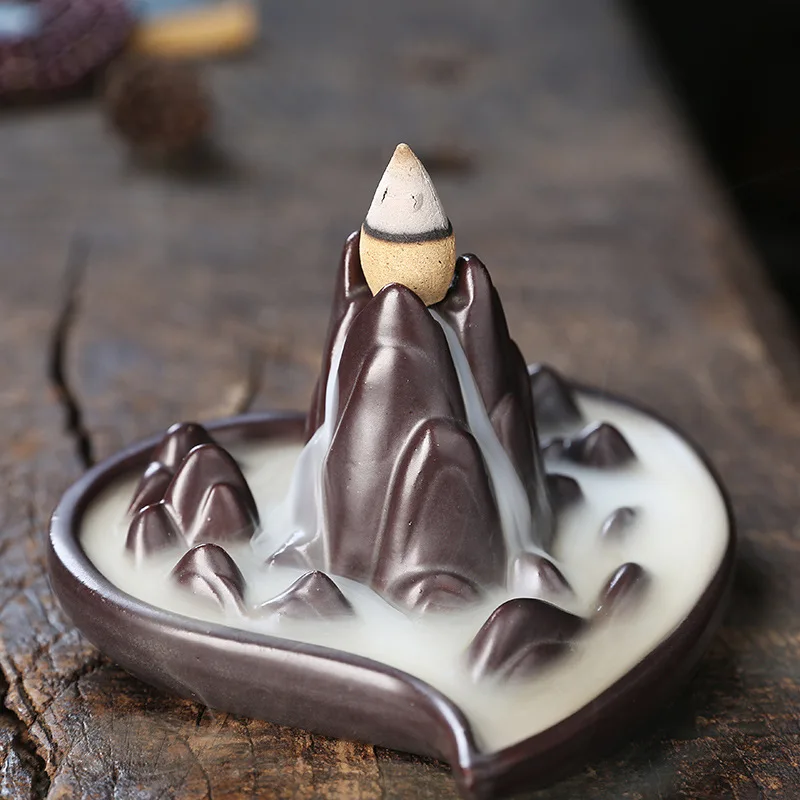 Ceramic Backflow Incense Burner - Creative Heart-shaped "High Mountain and Flowing Water" Design, Home Decoration Ornament&Gift