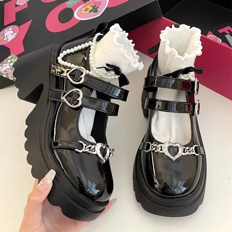 Black Leather Shoes Spring and Autumn Season Metal Chain Sponge Cake Sole Mary Jane Shoes Women's Patent Leather Gothic Style 2