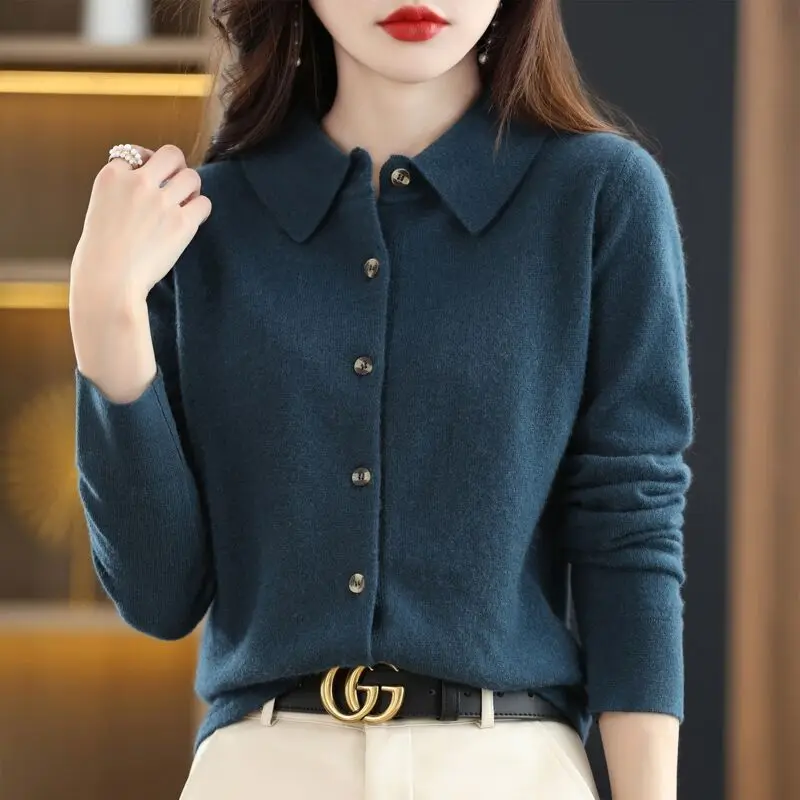 

Women Overlay with Long Sleeved Sweater 2024 Spring Autumn New Temperament Lapel Fashion All-match Cardigan Office Lady Tops