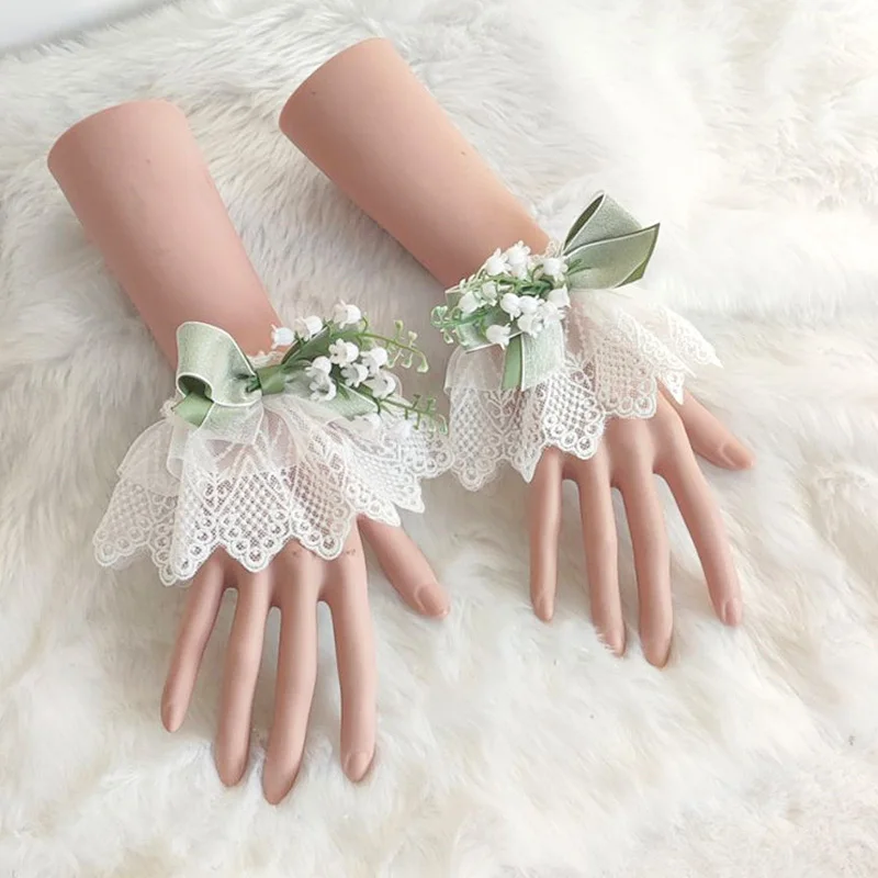 

Women Lolita Lace Wrist Cuffs Wristband Simulated Floral Lace Tulle Bracelet Satin Bow Wedding Party Sweet Hand Sleeves