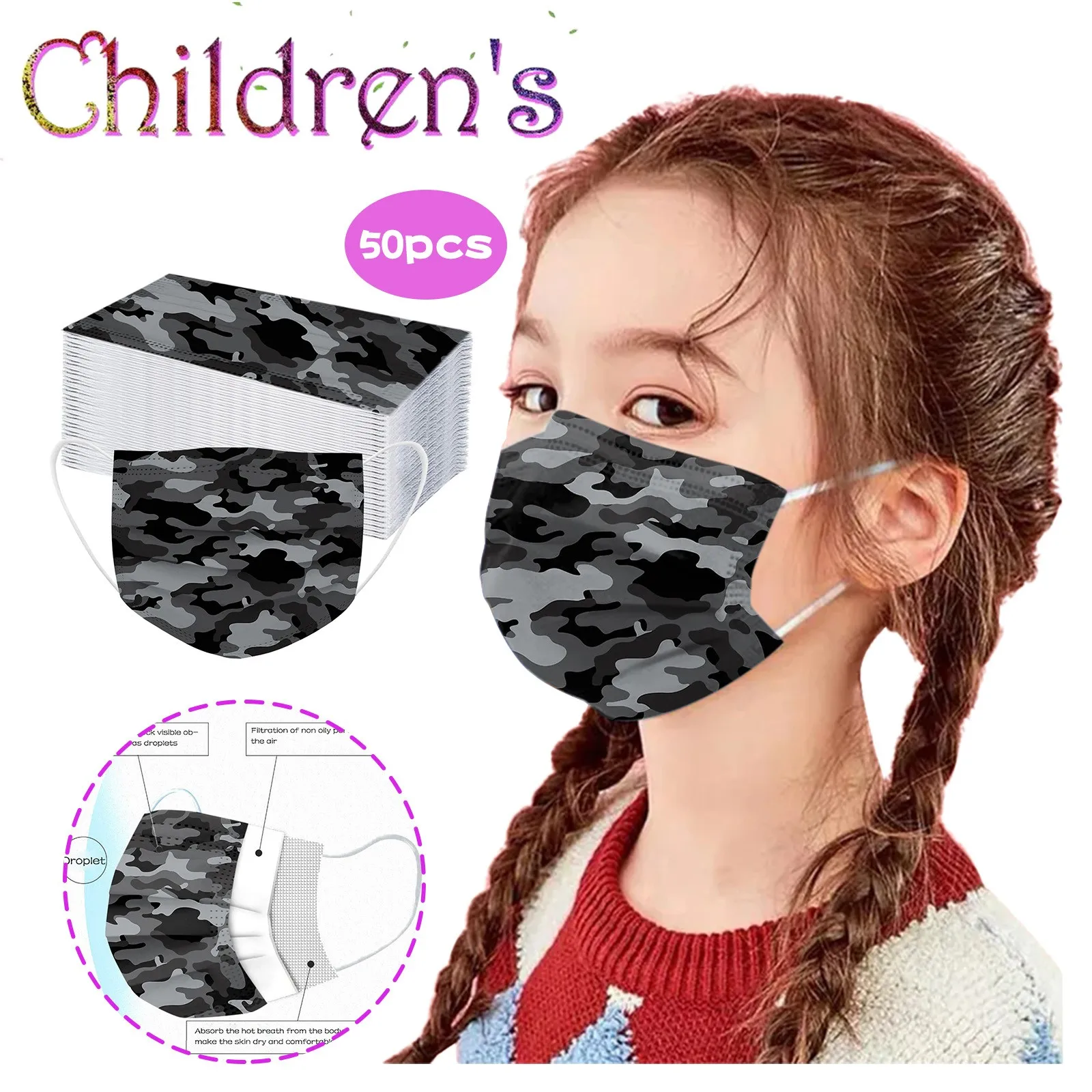 

50pcs Children'S Mask Print Disposable Face Mask Industrial 3ply Ear Loop Facial Dust Mask Mouth Cover 마스크 маски マスク가면 маска