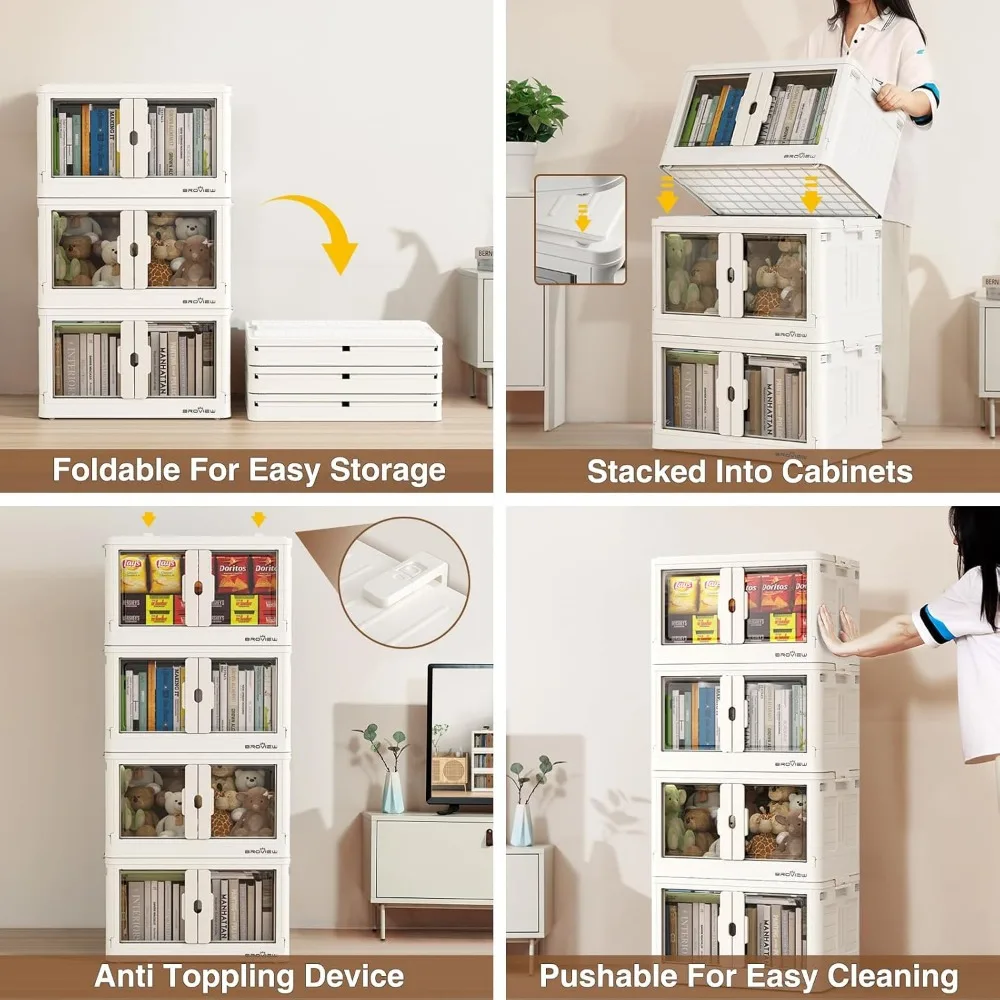 4 Pack Stackable Storage Bins , Plastic Collapsible Storage Bins with Lids and Wheels, Folding Box for Home Dorm