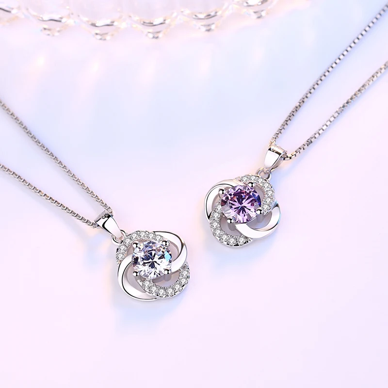 뜨거운 판매 괜 찮 아 요 보라색 꽃 지 르 콘  펜 던 트 Neckalce 여성 보석 기념일 선물 매력 CZ 쇄골 체인