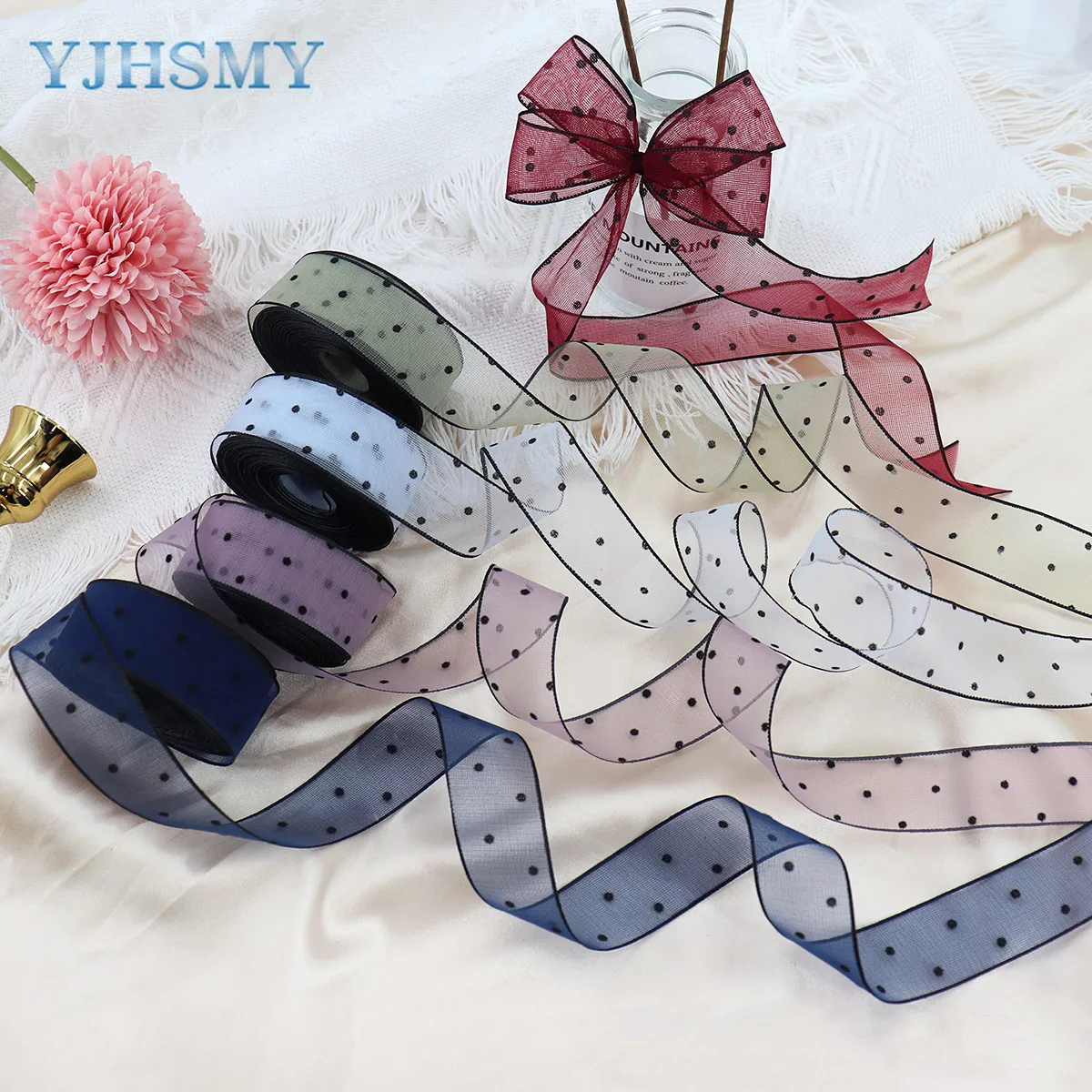 Satin ribbons ribbon decoration ribbon supplies wrapping ribbon organza ribbon polyester ribbon velvet ribbon chiffon ribbon Sheer Chiffon Ribbon Velvet Dots Organza Satin Ribbon for Wrapping Decorating