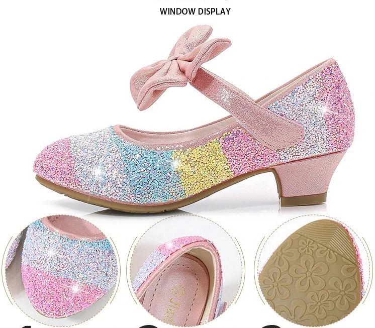 Girls' Leather Shoes Princess Rainbow Stripes Children Shoes Round-Toe Soft-Sole Big Girls High Heel Princess Crystal