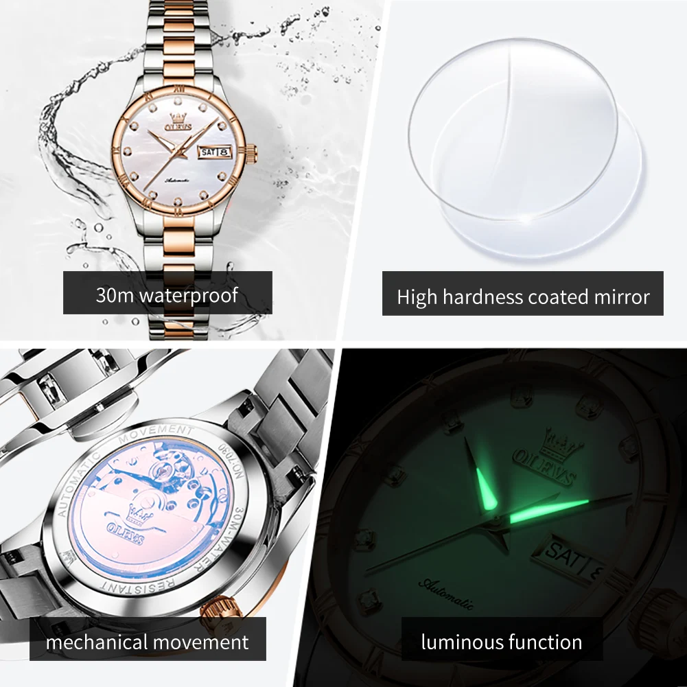 OLEVS Luxury Brand Fashion Original Women's Watches Elegant Date Automatic Mechanical Watch Waterproof Versatile Lady Wristwatch 5