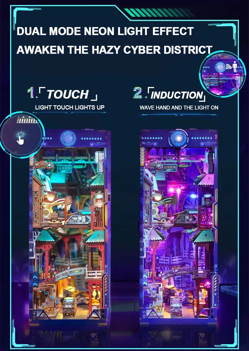 Description Picture 3 of itemNEW Retro Wooden DIY Book Nook Shelf Insert Miniature Kits Cyber City Bookshelf Home Bookend Decoration For Adult Handmade Gifts