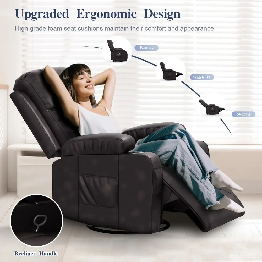 Recliner Chairs for Adults, Swivel and Rocking Recliner with Heat and Vibration, Breathable Leather Ergonomic Single Sofa Chair