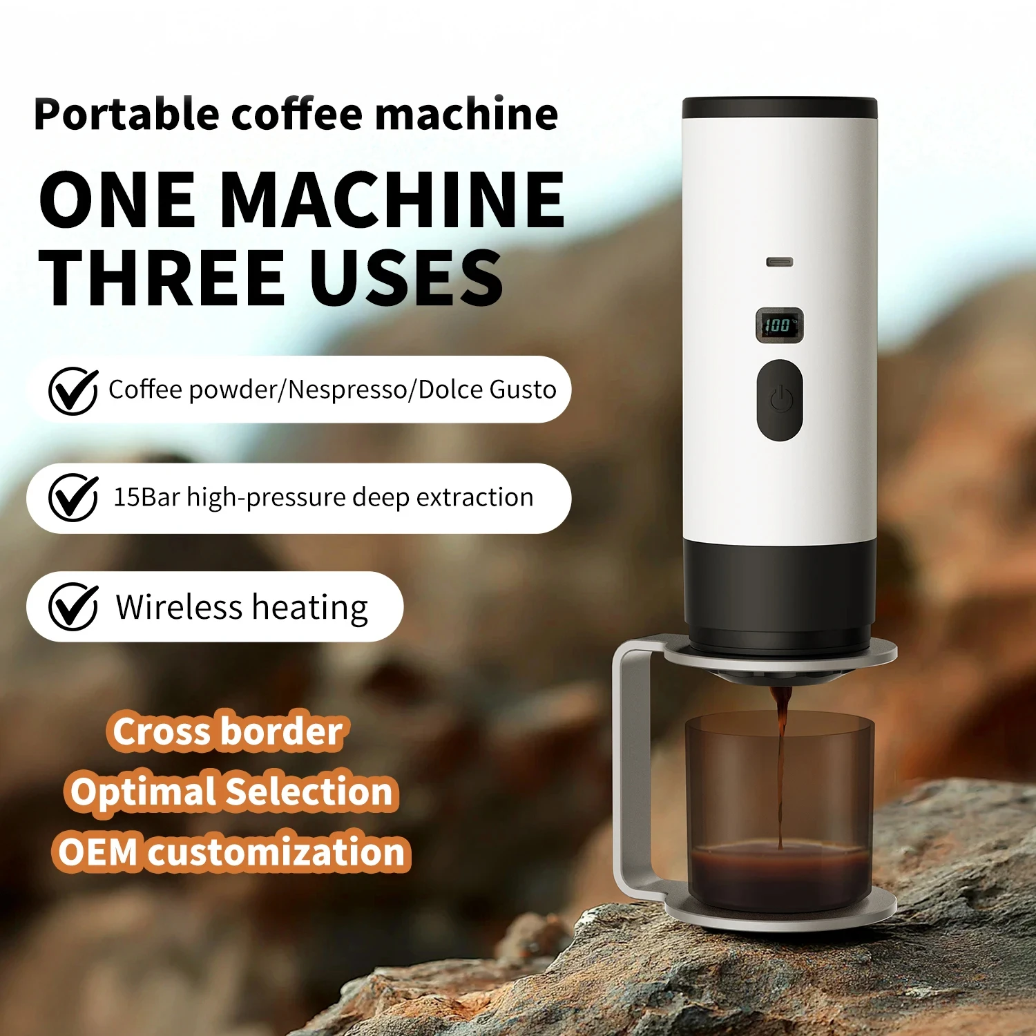 Portable Wireless Charging Coffee Machine 15BAR Multi-function 3 in 1 Fully Automatic Heating Overflow Capsule Coffee Machine
