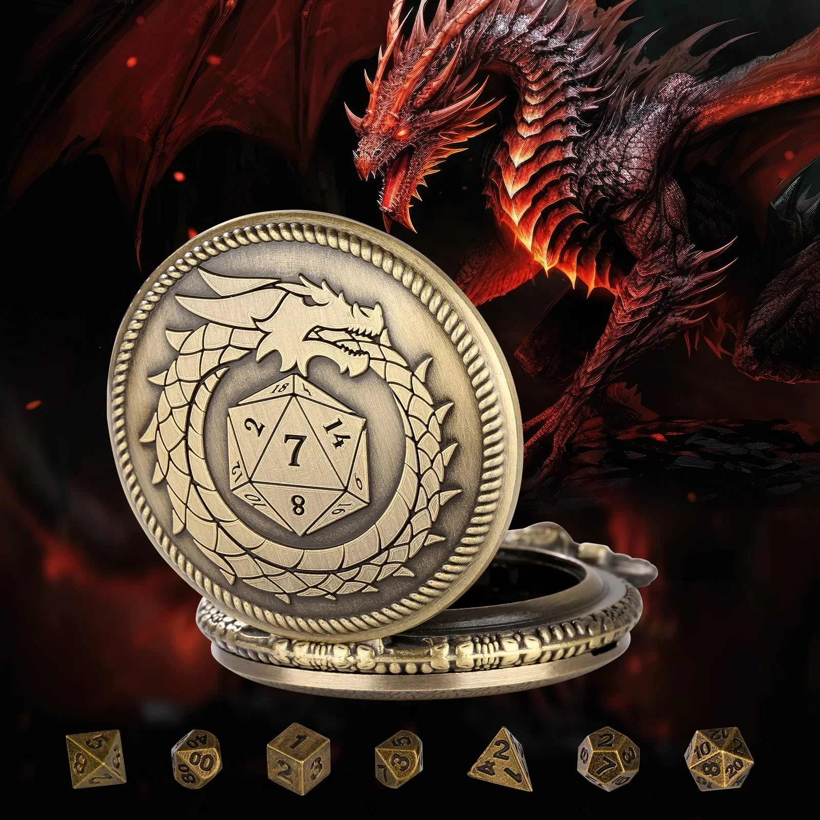 thumbnail image 1 of Caja de reloj de bolsillo de dragón con 7 Uds., caja de joyería de dados poliédricos de Metal, caja de reloj de bolsillo Dianosar con tapa retro, cadena de cintura, dados DND, 1 of 4