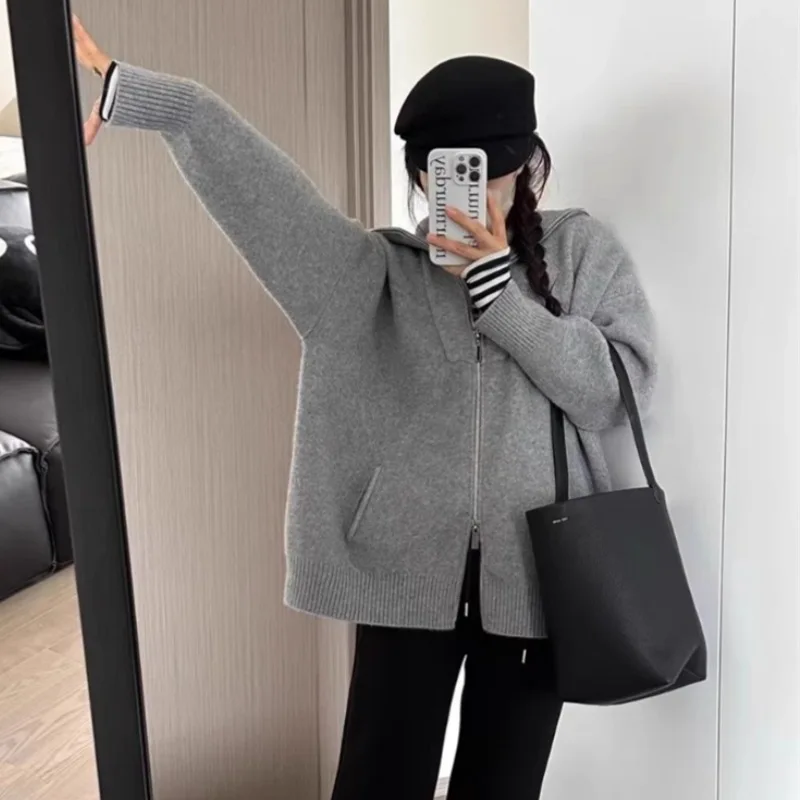 Women Thick Long Sleeve Zip Up Vintage Knitted Sweater