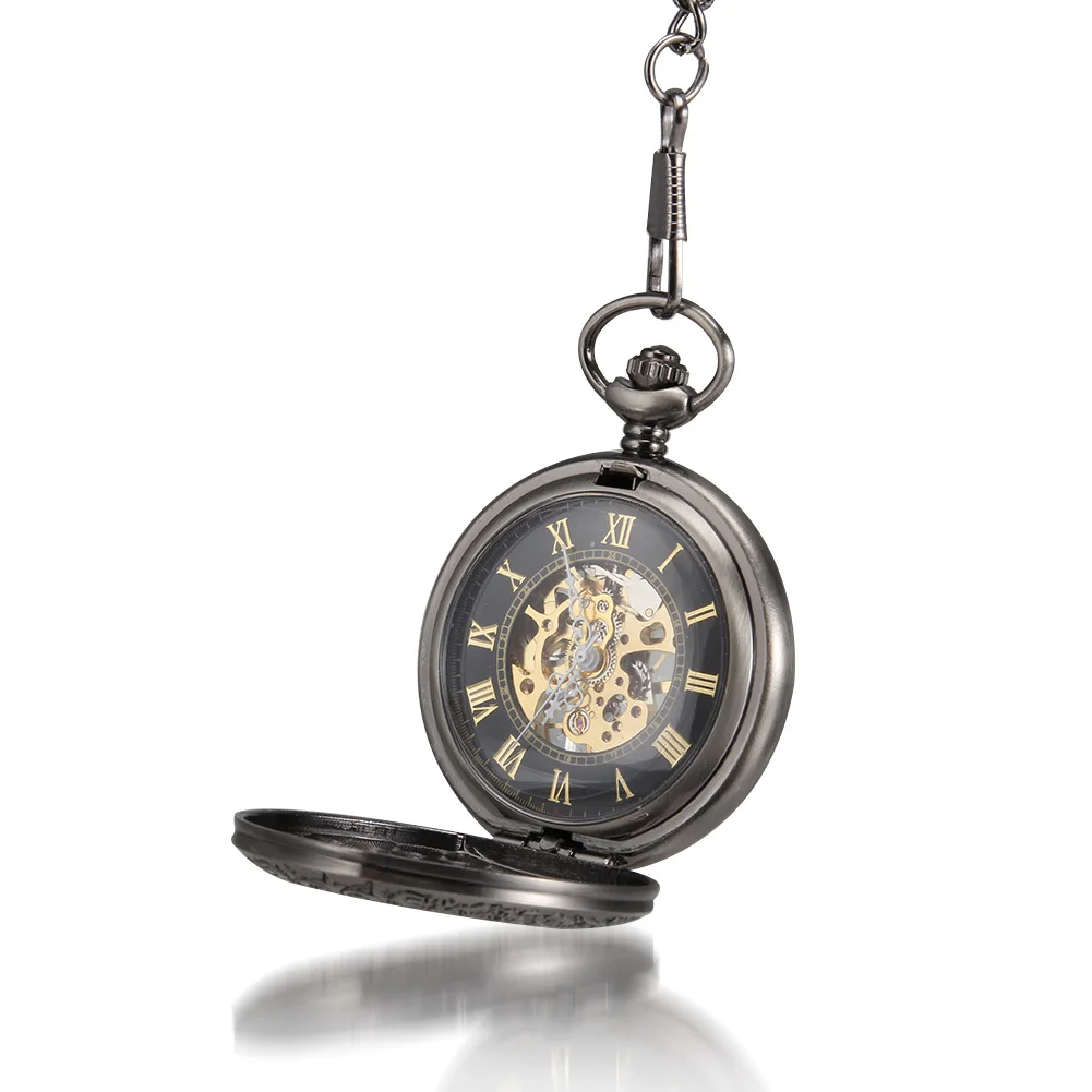 Men Women Mechanical Pocket Watch Transparent Glass Carved Case with Chain LL@17
