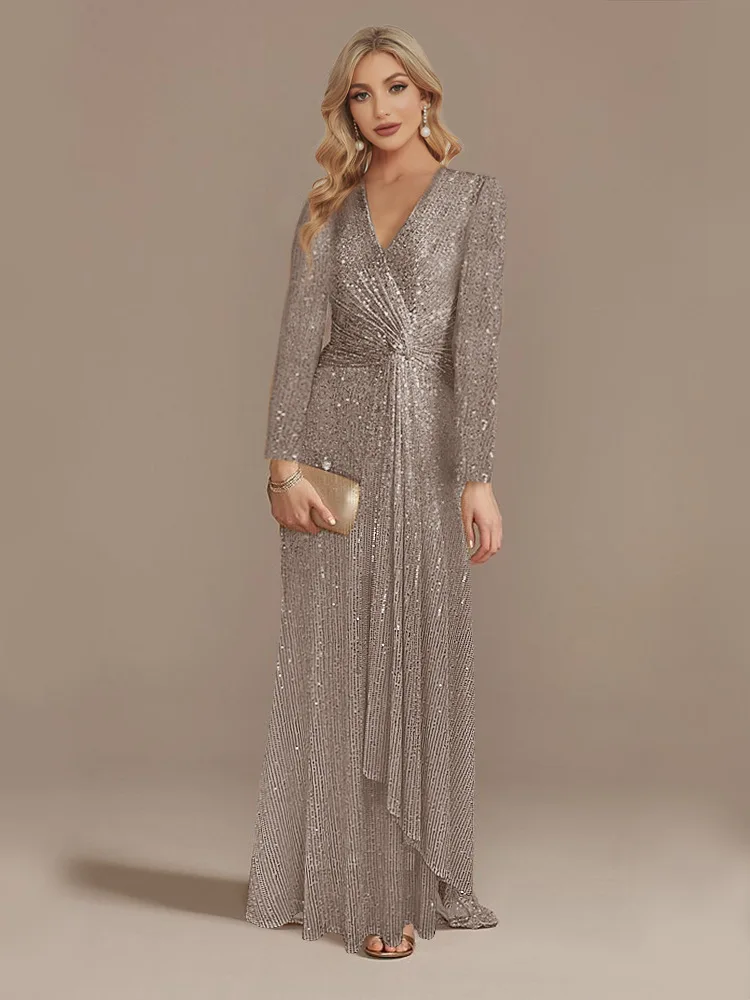 Silver V-neck Lace Long Sleeve Front Split Evening Gown JTE477 main image 0