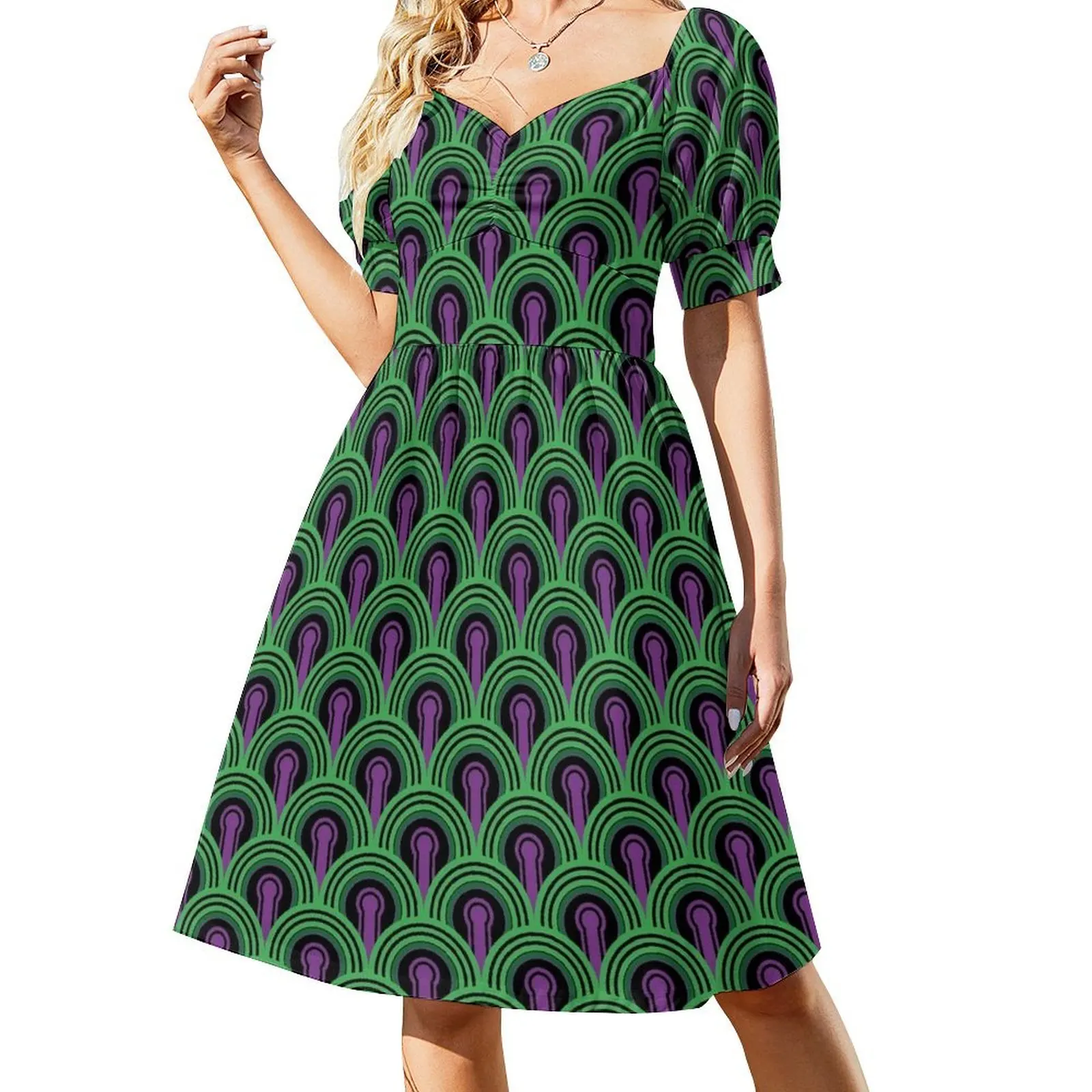 thumbnail image 1 of Patrón geométrico: Arco con cerradura: Vestido morado/verde de manga corta Ropa de mujer vestidos para mujer, 1 of 8