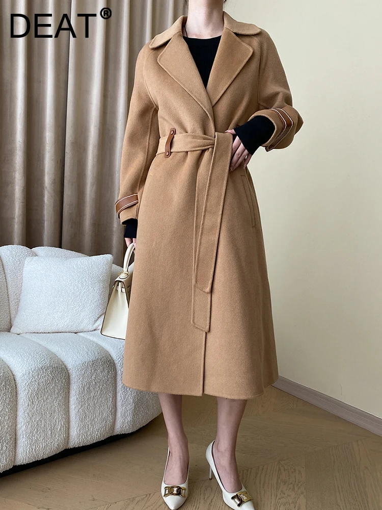 

DEAT Fashion Women's Woolen Coat Belt Lapel Single Button Pockets Spliced Pu Leather Lady Coats Winter 2023 New Tide 7AB1287