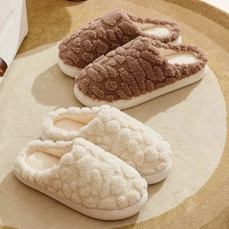 2024 New Women's Solid Color Cotton Slippers Thick Bottom Warm Slippers Soft Female Couple Indoor Plush Flat Shoes 4