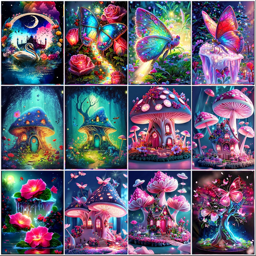 

Алмазная 5D картина «сделай сам», Набор для вышивки крестиком, с изображением домика-бабочки, гриба, мозаики из страз, замка реинона